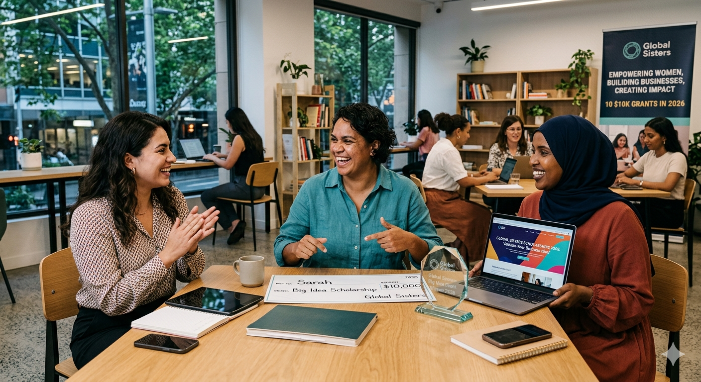 Woman entrepreneur applying for Global Sisters 2026 business scholarship grant Australia.